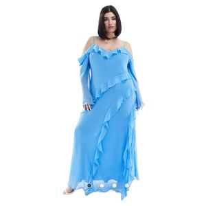NWT ASOS Ever New Curve long sleeve ruffle maxi dress in blue Size 16